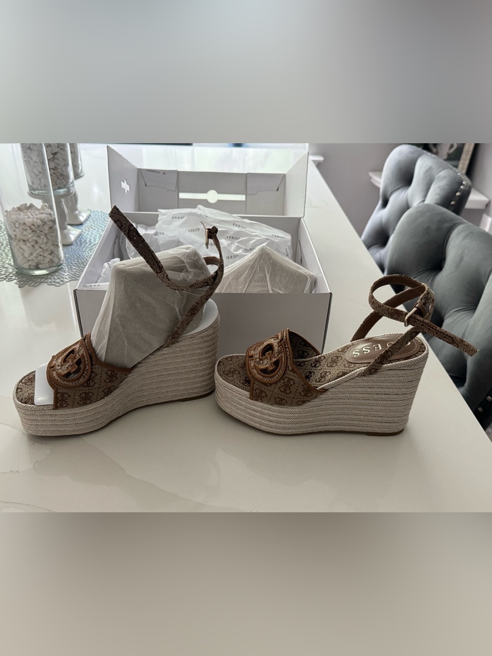GUESS Brown Logo Espadrille Platform Wedge Sandals